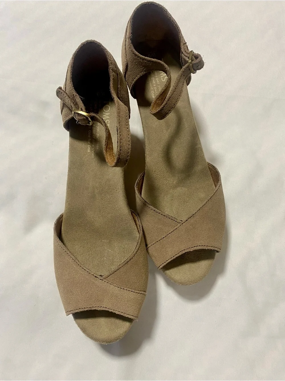 Toms Taupe Suede Wedge Sandals with Cork Platform